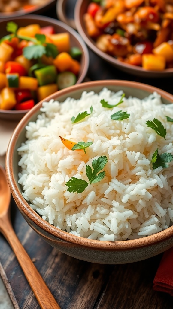 Fluffy garlic jasmine rice in a bowl garnished with parsley, served with colorful stir-fried vegetables.